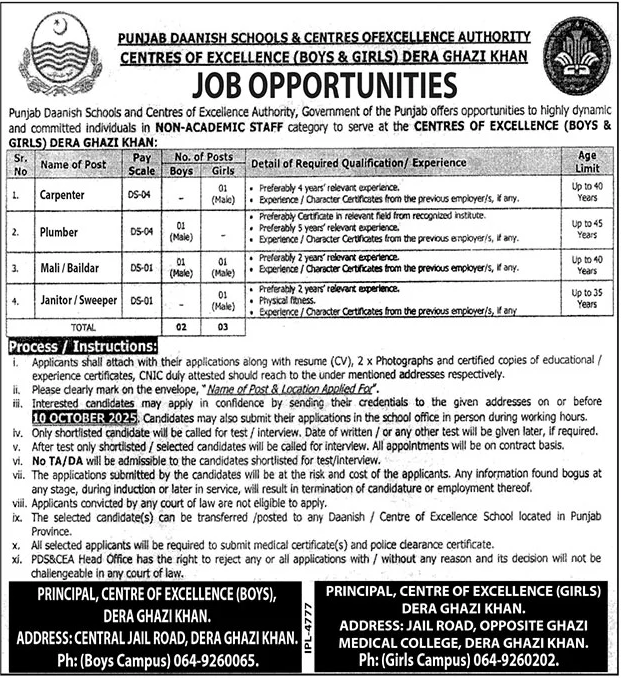 Jobs in Punjab Daanish Schools of Centres of Excellence Authority